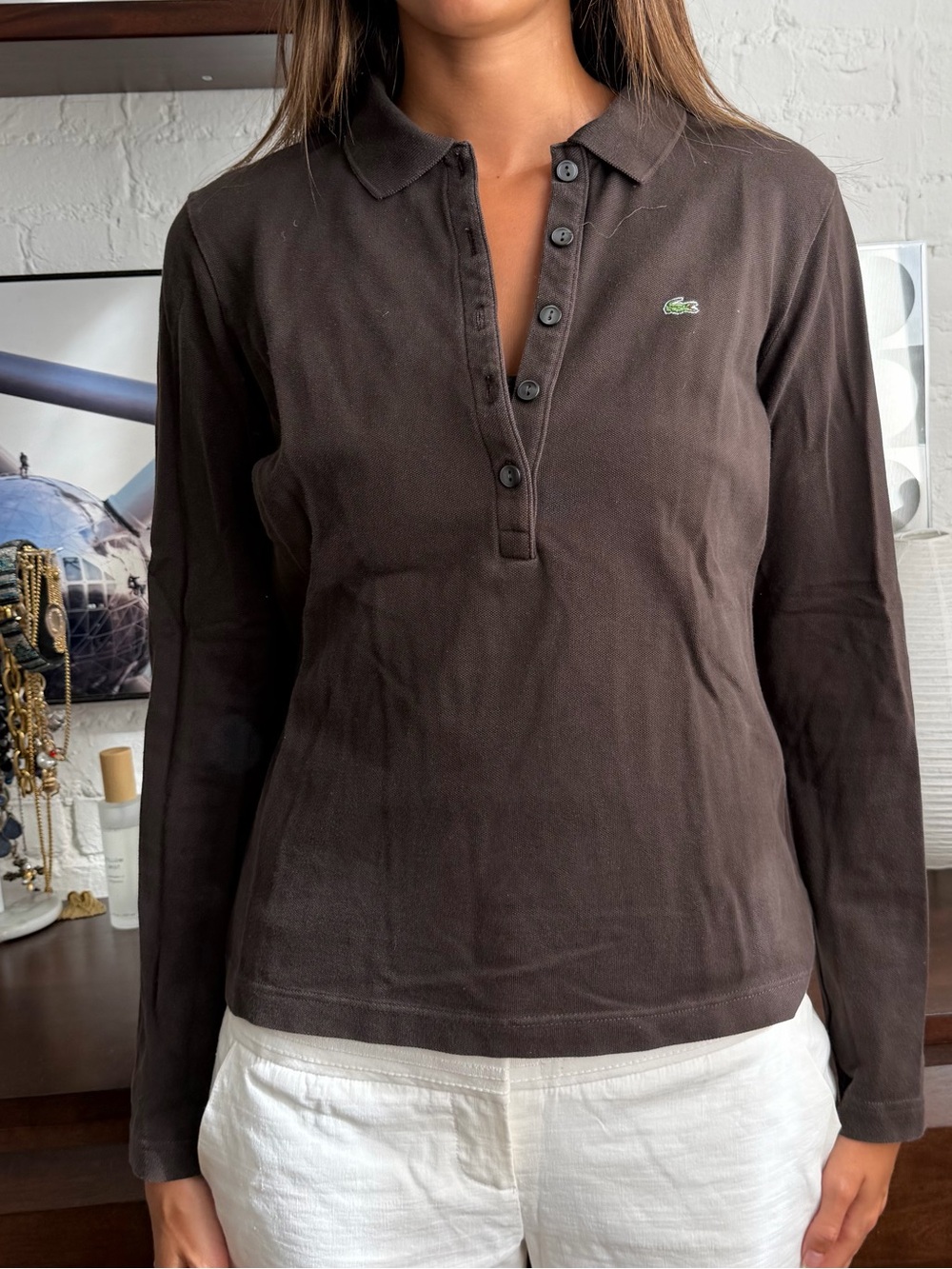 Lacoste Women's Long-Sleeve Polo in Dark Brown with Green Crocodile Logo